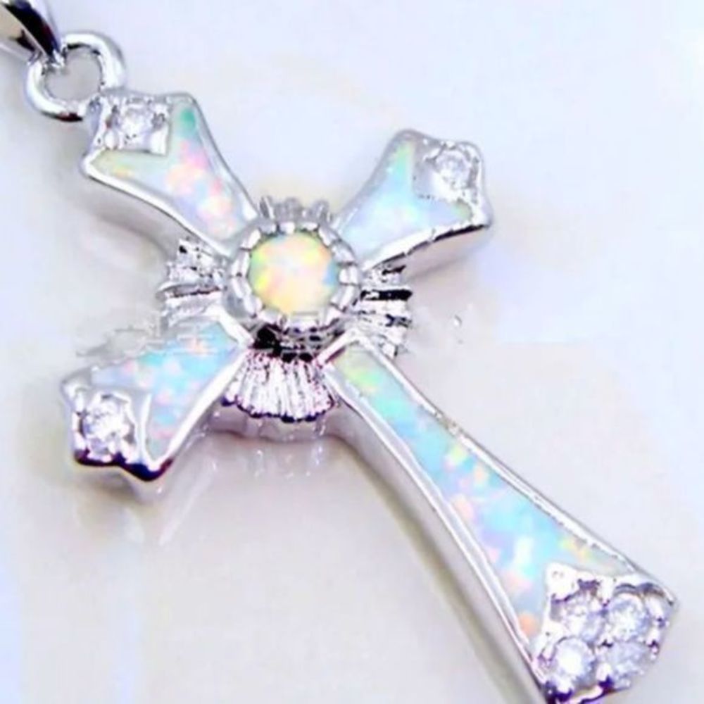 HOST PICK BEAUTIFUL WHITE OPAL DESIGN CROSS NECKLACE